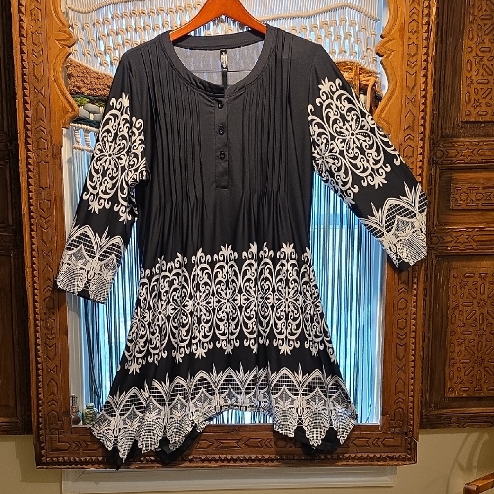 Black Tunic with White Embroidered Scrollwork